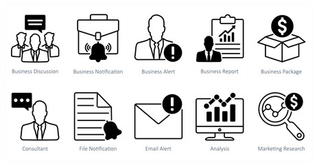 A set of 10 seo icons as business discussion, business notification, business alert