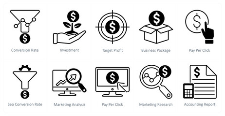 A set of 10 seo icons as conversion rate, investment, target profit