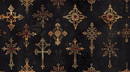 Seamless pattern of hand-drawn ornate Christian crosses with filigree and decorative elements, showcasing a reverent and beautiful design
