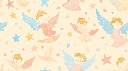 Seamless pattern of hand-drawn pastel-colored comic bee characters buzzing around with cheerful expressions and whimsical wings