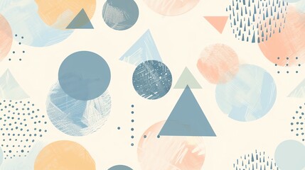 Pastel colors seamless pattern with minimalist hand-drawn circles and triangles, showcasing a soft and contemporary style