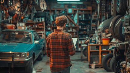 a mechanic is measuring a job checklist in a car repair shop