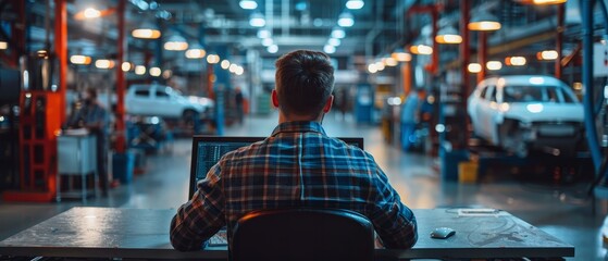  a male chief automotive engineer sitting in front of a computer monitoring control car factory work desk 