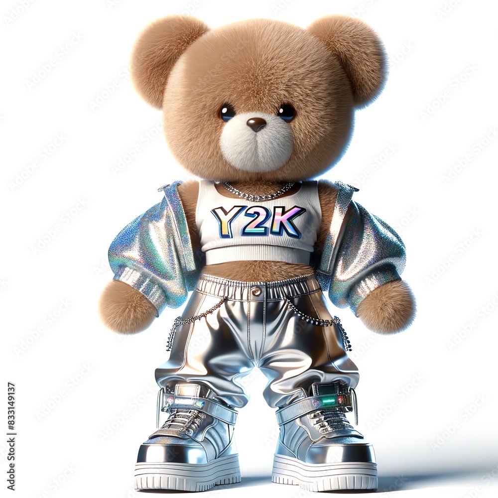 Wall mural a cute stylish 3d image of a teddy bear with y2k clothing fashion style