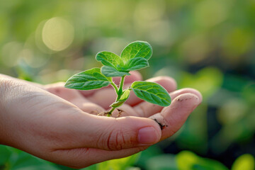 Close-up of a young plant being held in a hand, symbolizing growth and care