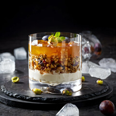 Crystal glass holding petir gateau, ice cream adorned with rum-infused flakes and raisins
