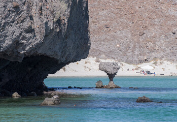 panoramic view of Balandra beach with the emblematic mushroom, La Paz Baja California Sur Mexico