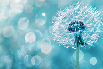 Beautiful macro shot of a dandelion with dew drops on blue background