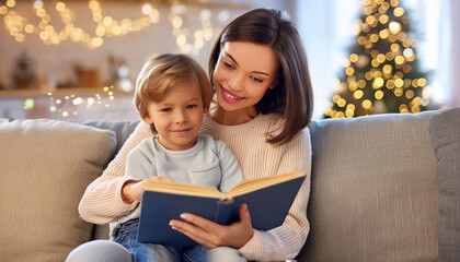 Story Time Magic- A mother cuddled on a couch reading a book to her child, both captivated