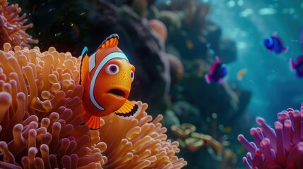 Close-up view of a clownfish with expressive eyes in a stunningly detailed animated coral reef setting
