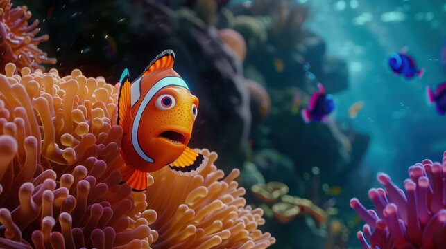 Close-up view of a clownfish with expressive eyes in a stunningly detailed animated coral reef setting