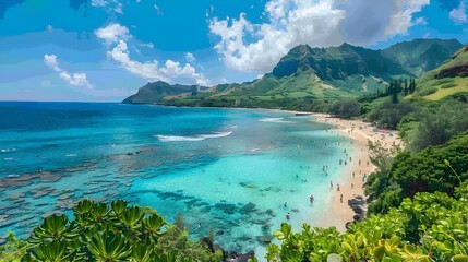 Stunning Oahu Beach with Turquoise Waters and Lush Tropical Surroundings