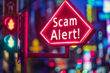 Bright Scam Alert Sign Glowing in Urban Night