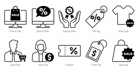 A set of 10 shopping icons as online sale, online offer, special offer