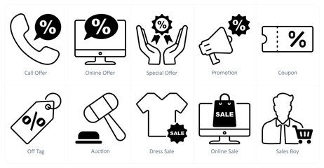 A set of 10 shopping icons as call offer, online offer, special offer