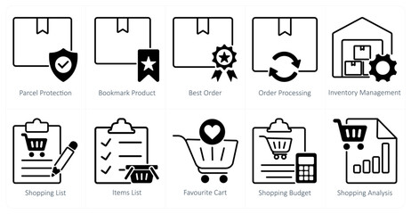 A set of 10 shopping icons as parcel protection, bookmark product, best order