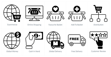 A set of 10 shopping icons as ecommerce, online shopping, favorite basket