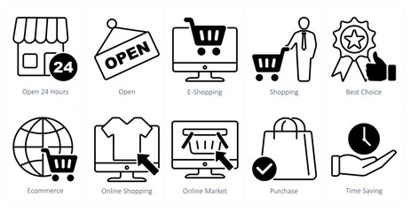 A set of 10 shopping icons as open 24 hours, open, e-shopping, shopping