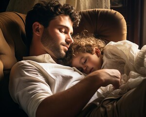 A loving father and daughter sleeping together on a cozy chair, capturing a moment of warmth and affection. Perfect for family themes.