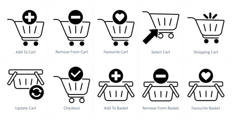 A set of 10 shopping icons as add to cart, remove from cart, favorite cart