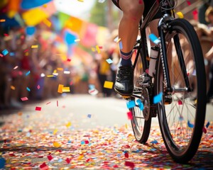 Close-up of a cyclist riding through a colorful confetti-filled street during a festive parade or celebration, vibrant and dynamic scene.