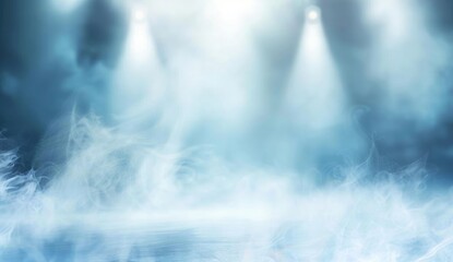 Abstract blurred blue background with bright spotlights and white fog, in the style of empty mockup