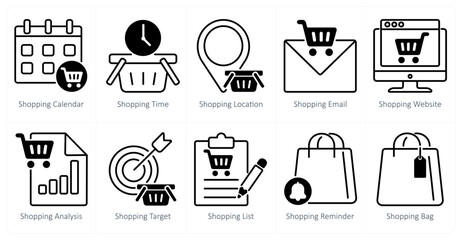 A set of 10 shopping icons as shopping calendar, shopping time, shopping location
