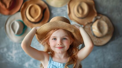 Joyful girl trying on hats and exploring her imagination in a playful studio setting