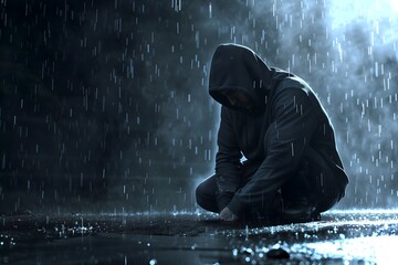 A man in a dark hoodie crouching on the ground, sad and crying with tears under the rain at night. A portrait of a depressed and alone person.