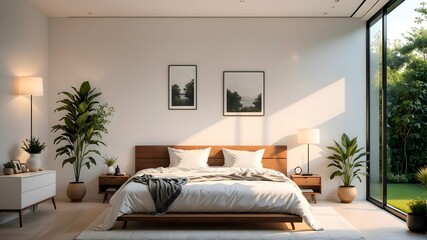 Modern Bedroom with Minimalist Decor. Furniture. Bed. Sunlight. Wood. nterior Design. Home. Pillow. 