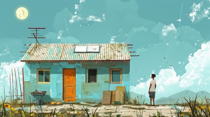 Cartoon Vector A refugee man rebuilding his home using salvaged materials, representing the determination to rebuild life after displacement. Generative AI