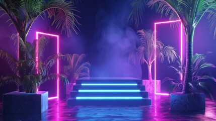 Create a visually dynamic photo featuring a 3D rendering of an empty product stand or podium surrounded by palm trees and neon lights against a dark backdrop.