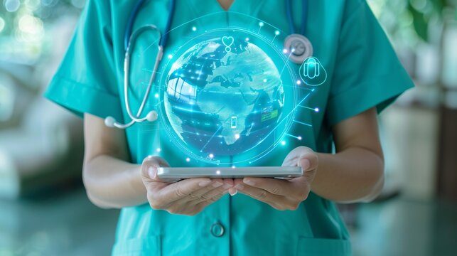 Nurse, hands or technology for 3d globe networking, healthcare community or digital help in life insurance support. Zoom, medical or futuristic world for global hospital, woman or doctor on tablet ux