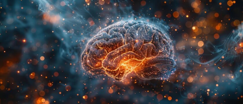 AI synaptic debrief, collaborative neural network, glowing tech minds, futuristic brain design, blue and orange sparks