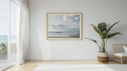 Clean white gallery with a medium-sized landscape empty frame.