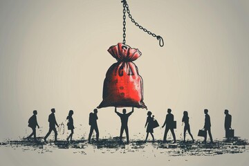 People trying to retrieve red money bag from trap, minimalist design, light backdrop, financial risk