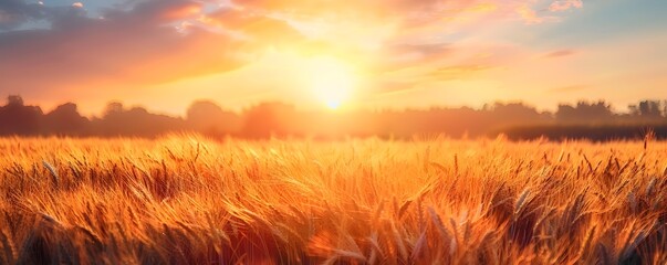 Obraz premium Breathtaking Autumn Sunset Over Golden Wheat Field Tranquil Rural Landscape Scenery
