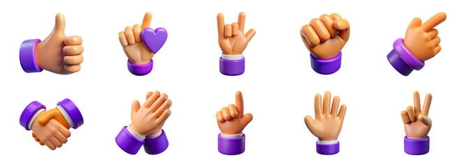 Fototapeta premium 3d cartoon hand gesture of purple color icons set. Thumbs up, heart, fist, pointing, handshake, clapping, raised hand, peace sign, cut out - stock 3d.