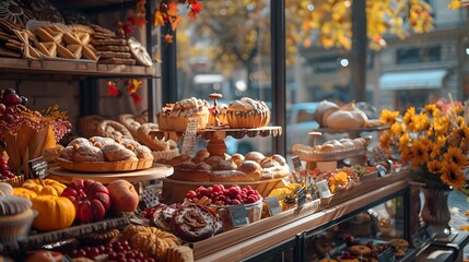 Fototapeta premium Autumnal Bakery Showcase with Seasonal Pastries and Warm Decor