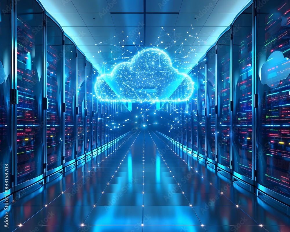 Poster futuristic data center with cloud computing interfaces in clean and organized setup