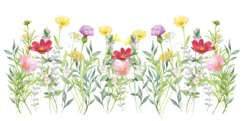 いろいろな花の花畑の水彩画