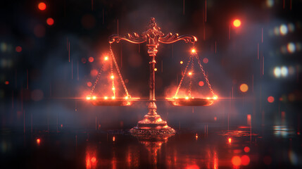 A glowing set of balance scales illuminated in a dark, ambient setting symbolizing justice, fairness, and legal judgment.