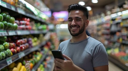 An upbeat photo of a man using his smartphone for grocery shopping in the supermarket, looking at the camera with a cheerful demeanor. 