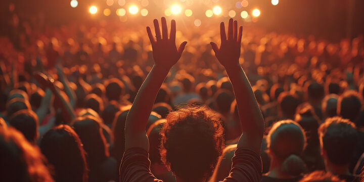 Crowd of people at a music festival, hands raised in excitement under warm lights, capturing the energy and atmosphere of live entertainment