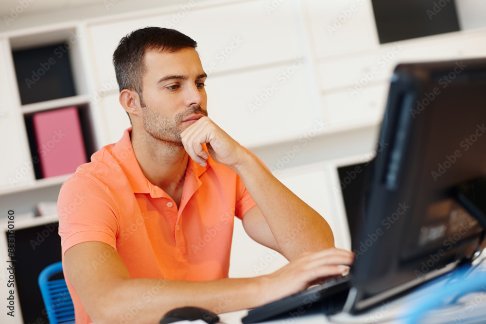 Aufkleber Man, computer and thinking of work from home project, planning and problem solving or solution on website. Software developer, designer or freelancer with ideas, choice or decision for PC upgrade