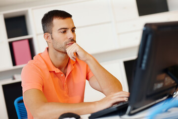 Man, computer and thinking of work from home project, planning and problem solving or solution on...