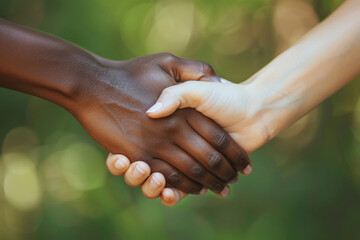 Close-up of two hands holding, different skin tones, showing unity and friendship
