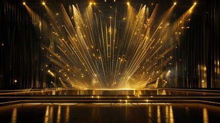 Emphasize the exclusivity of a prestigious gathering with an elegant golden stage illuminated diagonally, its shimmering brilliance and sparkling effects creating an unforgettable ambiance.