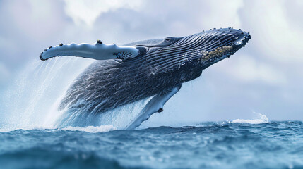 Fototapeta premium The Moment A Humpback Whale Dives Into The Ocean Blurry Background