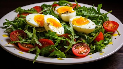A fresh salad with tomatoes, greens, and boiled eggs,